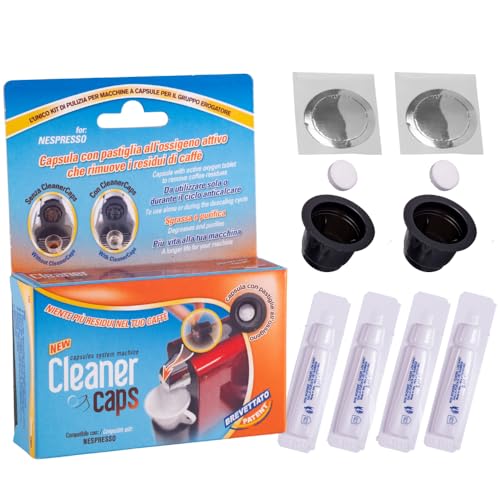 CleanerCaps Pulizia Macchina Caffè, Kit Doppia Azione - Compatibile con Nespresso - 2 Capsule Detergenti e 4 Decalcificanti Liquido - Pulizia Interna non Corrosiva, Facile e Automatica