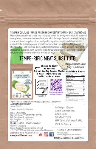 Image of Alla's Posh Flavors Soy Tempeh Starter Culture Powder, Fermentation Culture for Homemade Tempeh, Plant-Based Probiotic, Generates Natural Vitamin B12, Makes Up to 5kg, 5 Sachets