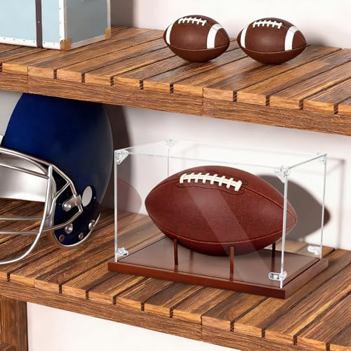 Image of Clear Acrylic Football Display Case with Wood Base & Tee, Memorabilia Stand Cube Holder, Dust Protection Transparent Storage Box for Single Ball Souvenir Football Collections