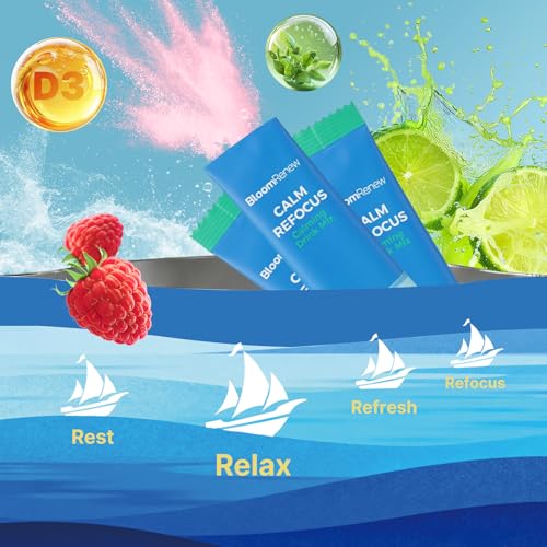 BloomRenew Calm Drink Mix, Super Cortisol Reducer with Ksm-66 Ashwagandha, Magnesium Glycinate, L-theanine, Vitamin D3, Sleep Aid Supplement, Suger Free, Raspberry Lemonade, On-The-Go, 20 Servings — view 2