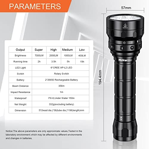 Wurkkos DL61 Diving Torch, 7000 Lumens Underwater Torch, Rechargeable, 6 x Cree XPL2 LED Diving Torch with 2 x 26650 Batteries and Charger