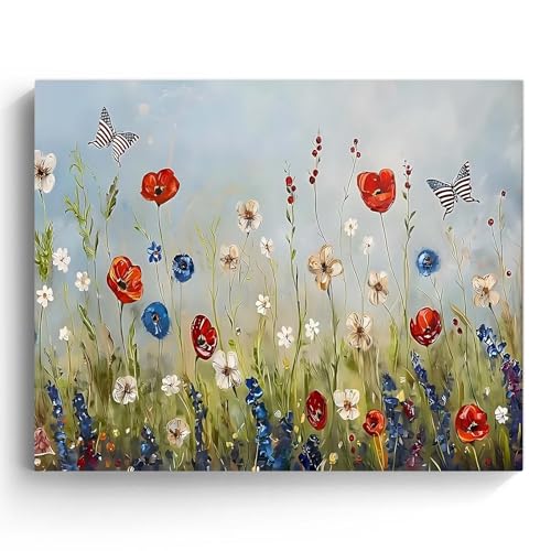 Image of Memorial Day Canvas Wall Art, USA Patriotic Flower Print, Red White Blue Blossoms and American Flag Butterflies Poster Framed Wall Painting for Living Room, Office, Holiday Decorations 20x24inch