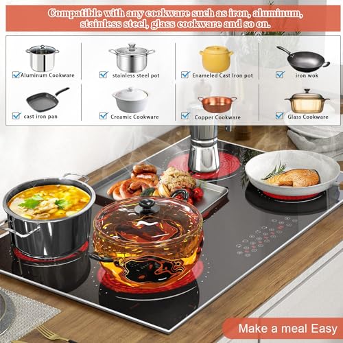 Image of Hobsir 30 Inch Electric Cooktop, 5 Burners Cooktop, Electric Stove Top Burner, 8400W Drop-in Electric Ceramic Stove with Glass Metal Frame, Timer, Safety Lock, 220-240V, Hard Wired (No Plug) 2024