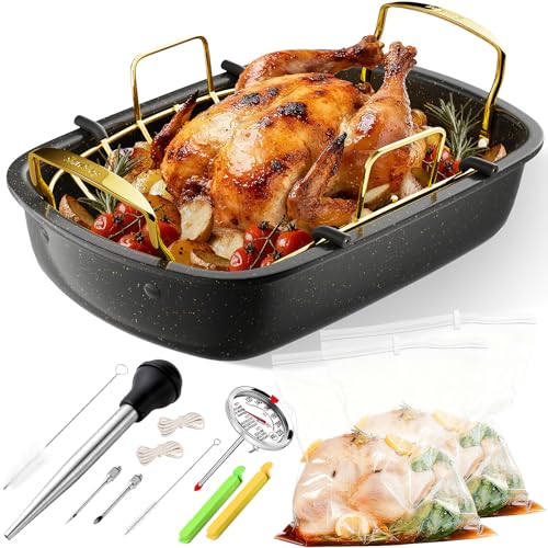 Turkey Roasting Pan, 17x13 Inch Nonstick Roaster with Removable Rack, Turkey Baster, Meat Thermometer, Turkey Brine Bags, Roaster Pan for Roasting Turkey, Meat & Vegetables (Black&Gold)
