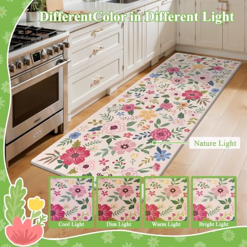 SHACOS Floral Kitchen Rugs Set of 2, Anti-Fatigue Beige Kitchen Floor Mats Waterproof, Non Slip Cushioned Mats with Colorful Flowers Farmhouse Comfort Standing Rug 17x27.5+17x47, Beige Floral - Image 6