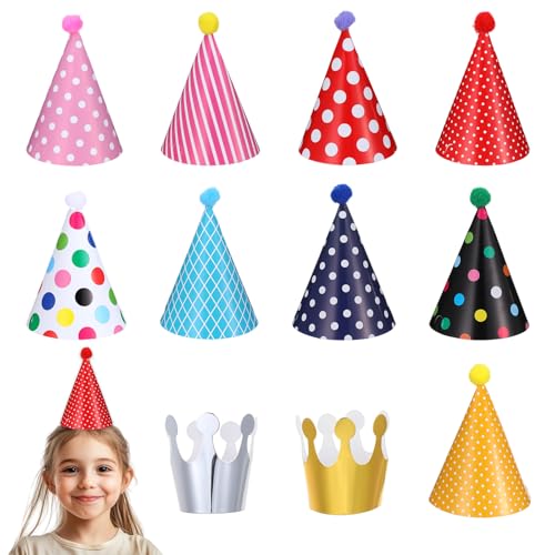 Ymapinc 11 chapéus de festa de aniversário, o conjunto de chapéus de festa inclui 2 coroas de papel coloridas mini chapéus de aniversário e 9 adoráveis chapéus com pompons