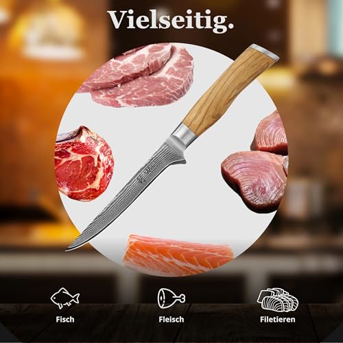 Foto von Wakoli Olive Ausbeinmesser aus echtem Damaststahl (VG10 Kern) mit 14,5 cm Klinge – Scharf und ergonomisch – Damastmesser mit Olivenholzgriff in Geschenkbox – Damast Filetiermesser für Fisch & Fleisch