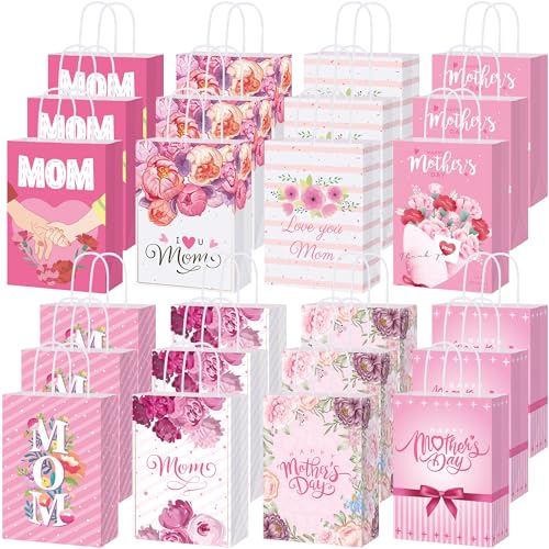 MIMIND 48 Pieces Happy Mother's Day Gift Bags Treat Bags with Handle Mothers Day Party Goodie Bags Pink Floral Paper Gift Wrap Bags for Mother's Day Party Decorations Gift Wrapping Supplies