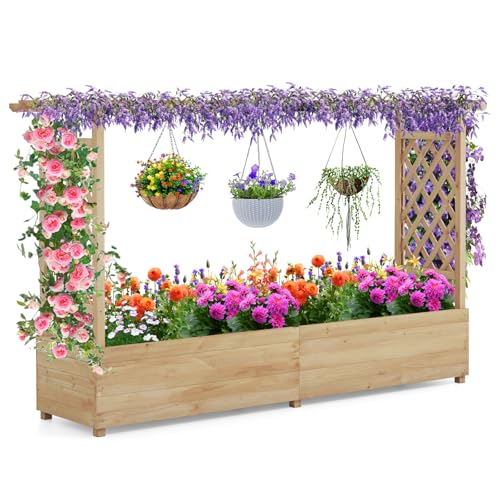 COSTWAY Jardinière avec 2 Treillis Latéraux Toit Suspendu en Bois de Sapin avec Trou de Drainage,...