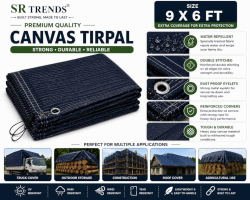Image of 1200 GSM Heavy Duty Canvas Tarpaulin | 100% Waterproof Resistance, UV Resistant, Tear Proof Tarp with Reinforced Edges & Eyelets for Truck, Outdoor, Construction (Blue, 9 X 6 FT)