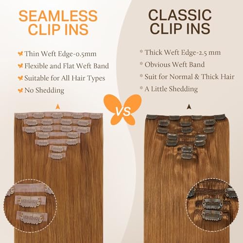 Image of DOORES Seamless Clip in Hair Extensions - Medium Auburn, 22 Inch, 150g, 7pcs - Invisi Edge, Human Hair, Natural, Straight, Long