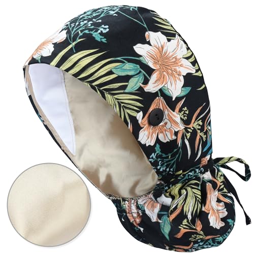 Image of QBA Adjustable Working Cap with Button, Satin-Lined Hat, Cotton Working Hat Sweatband, Elastic Tie Back Hats Unisex
