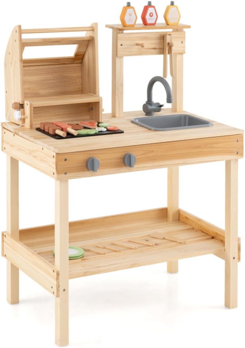 Wooden Outdoor Barbecue Grill Play Kitchen for Imaginative Pretend Cooking Activities with Sink, Grill Lid, and Storage Shelves