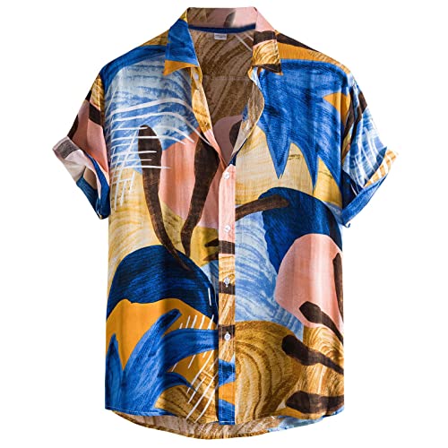 Camisa flores havaiana homem manga curta botões Funky casual Hawaii impressão camisas verão praia férias camisas havaiana, B-azul amarelo, XL