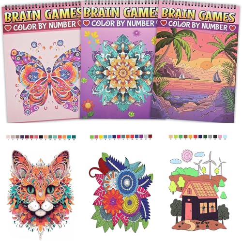 Zylota 3 pezzi Libro da colorare per adulti, Libro da colorare con numeri per adulti, 60 motivi di fiori e paesaggi, animali per adulti per ridurre lo stress e rilassarsi
