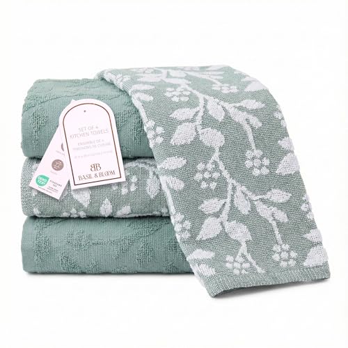 Image of Kitchen Towels, Blue and White Floral Cotton Hand Towels 4 Pack Absorbent Hand Drying Cloths, 18 x 28 Kitchen Linens