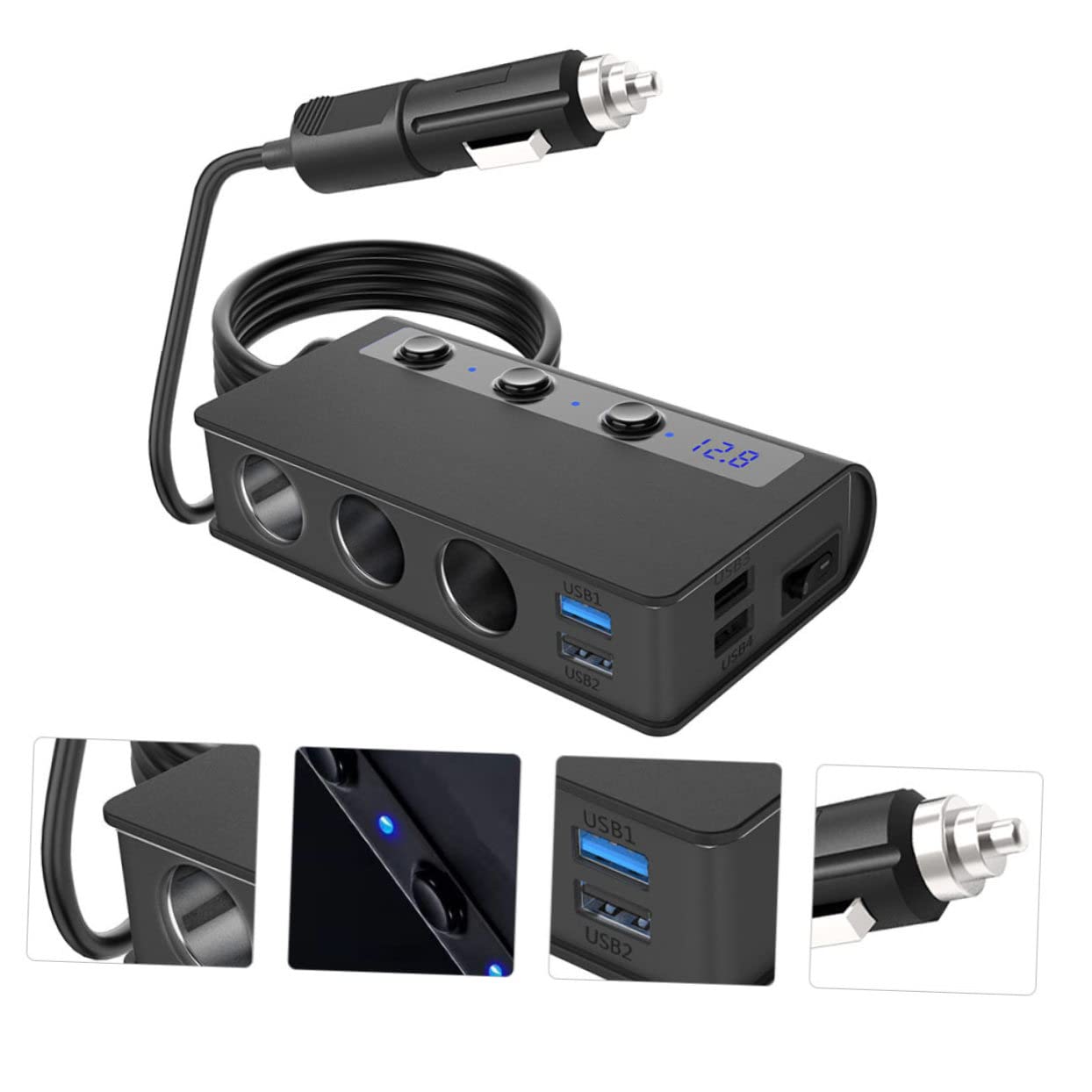 DOITOOL Cargador de Coche 180w 4 Puertos USB y 3 Tomas de Corriente Continua, Adaptador para Encendedor, Interruptor Independiente y Voltímetro para Coche