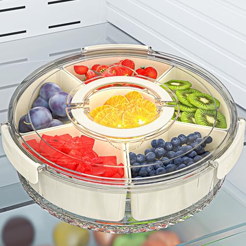Geteiltes, Drehbares Serviertablett mit Deckel und Griff, Snackbox-Behälter, Drehbare, Geteilte Servierplatte mit 6 Fächern für Obstsnacks 4 Geteiltes, Drehbares Serviertablett mit Deckel und Griff, Snackbox-Behälter, Drehbare, Geteilte Servierplatte mit 6 Fächern für Obstsnacks