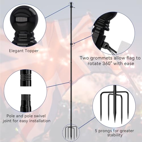 FIASON 9FT Stainless Steel Tangle Free Flag Pole in Ground with 5 Prongs Base - Image 2