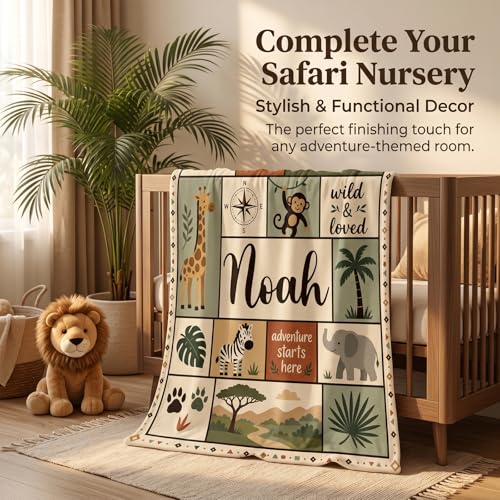 Image of Personalized Baby Blanket with Name, Custom Soft Flannel Nursery Blankets for Boys Girls, Safari Woodland Dinosaur Space Themed Toddler Throw, Customized Newborn Gift for Baby Shower Birthday