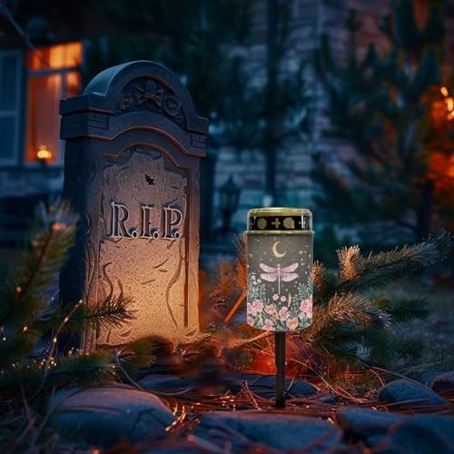 Image of Poceacles Solar Lights Outdoor Cemetery Grave Decor - Solar Memorial Lights, Pink Dragonfly Flower Moon