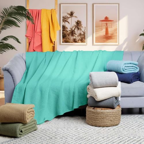Image of Super Soft & Breathable 100% Microfiber Waffle Blanket - Throw Blanket and Quilt for Bed & Sofa 50x60 Size - Turquoise