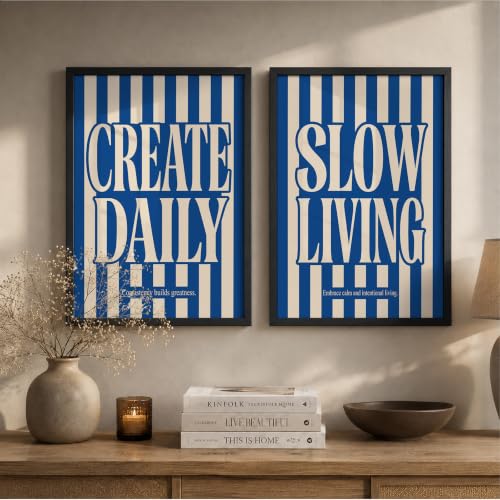 Image of Suneree Slow Living Create Daily Wall Art Set of 2 Framed Paintings | Blue Striped Typography Motivational Poster | Office Bedroom Home Decor (Art 22, 10x13 Inches, Black)