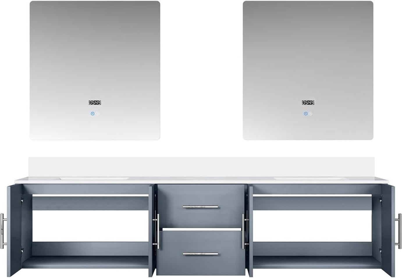 Geneva 80 in. W x 22 in. D Dark Grey Double Bath Vanity, Cultured Marble Top and 30 in. LED Mirrors