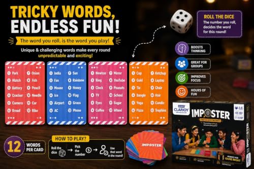 Image of Clapjoy Board & Card Game - Imposter: Can You Spot The Fake? | 80 Cards | Bluffing & Deduction Party Game | Family Game Night | 15-30 Min Playtime | 2-8 Players | Gift for Ages 6, 7, 8, 9 & Up