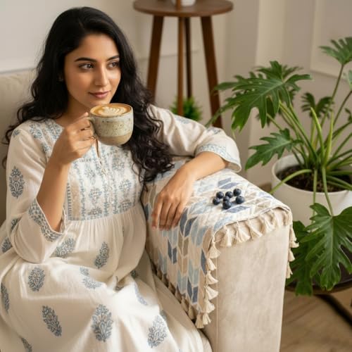 Image of STITCHNEST Printed Quilted Sofa Arm Cover with Tassels | Stylish Hand Rest Protector | Soft & Durable | 18 x 22 Inches