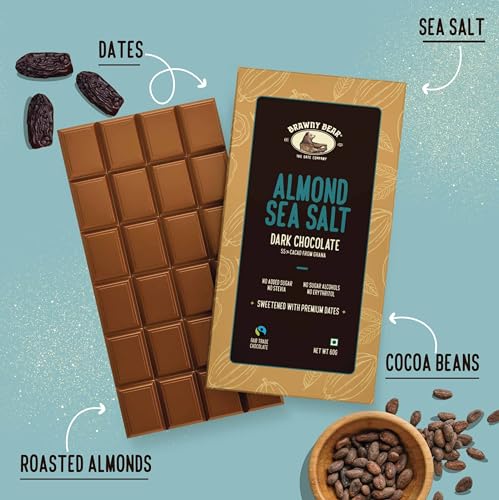 Image of Almond Sea Salt 55% Dark Chocolate | Set of 3 bars x 60g | Date Sweetened, No Added Sugar | Vegan | No Artificial Flavours | Compostable Packaging
