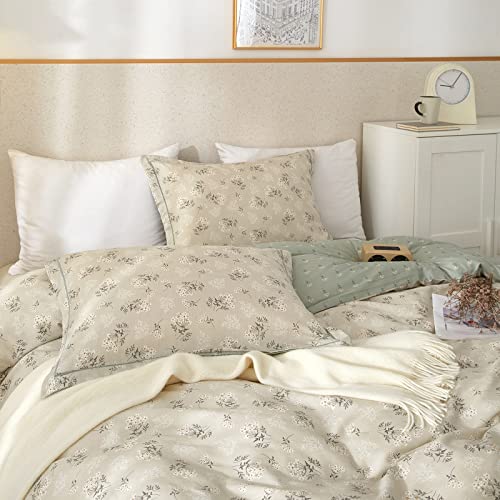 VM VOUGEMARKET Floral Bedding Twin Reversible Gray Beige Flower Duvet Cover Set,Cottagecore Duvet Cover Matching 2 Pillowcases 100% Cotton Chic Girls Bedding Set -Twin(68"x86")
