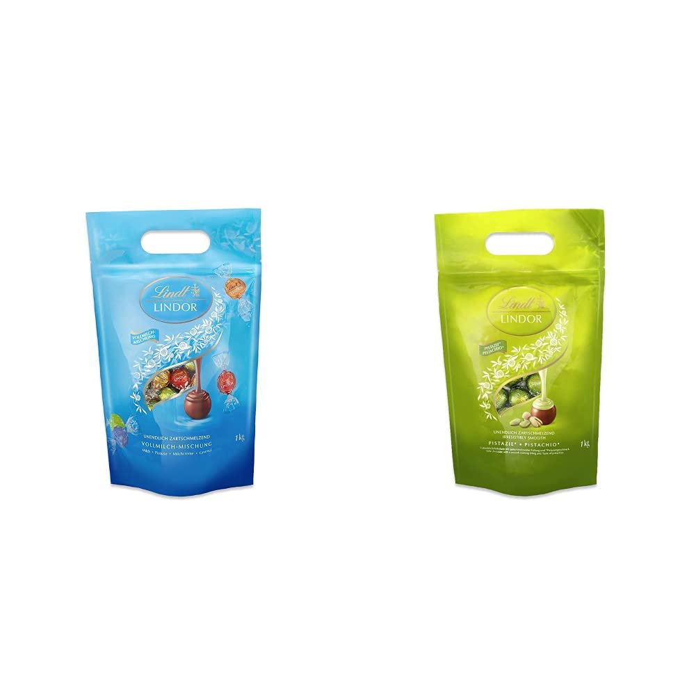 Lindt LINDOR Schokoladen Kugeln Vollmilch-Mischung | 1 kg Beutel & LINDOR Schokoladen Kugeln Pistazie ca. 80 Kugeln Milch-Schokolade mit zartschmelzender Pistaziencrèmefüllung