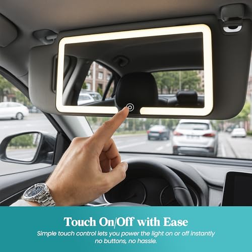 Image of LED Car Mirror with 3 Light Modes and Dimmable Touch Control | Rechargeable Makeup Vanity Mirror with 2000mAh Battery, USB Cable, and Universal Fit for All Car Sun Visors