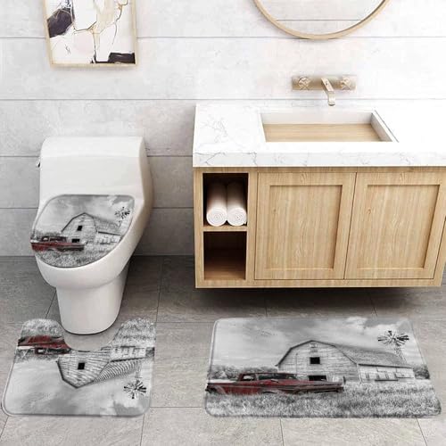 FGYGYK Vintage Farm Truck 3 Pcs Bath Rugs Set,Old Antique Car Rustic Barn Wooden Windmill American Farmhouse Country Bathroom Kitchen Rug with 16