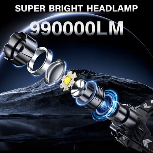 FINICO Rechargeable LED Headlamp 990000 High Lumens, 95 Hours Long Lasting Head Light with Zoomable & IPX7 Waterproof & 12 Modes & 125° Adjustable, Powerful Head Lamp for Outdoor, Camping, Hardhat