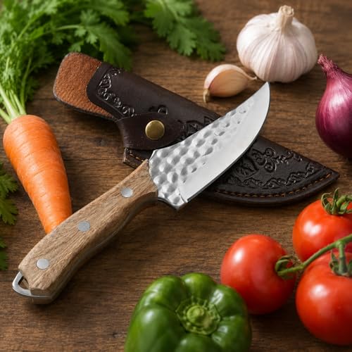 Image of Kitchen Chef Knife, 8 Inch, German Stainless Steel Blade with Wooden Handle, Forged, Silver and Brown, with Protective Sheath