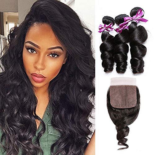 Luduna Hair Bundles with Closure 100% Unprocessed Brazilian Virgin Human Hair Loose Wave 3 Bundles with Closure Human Hair Weave for Balck Woman (16 18 20+14, Natural Color) …