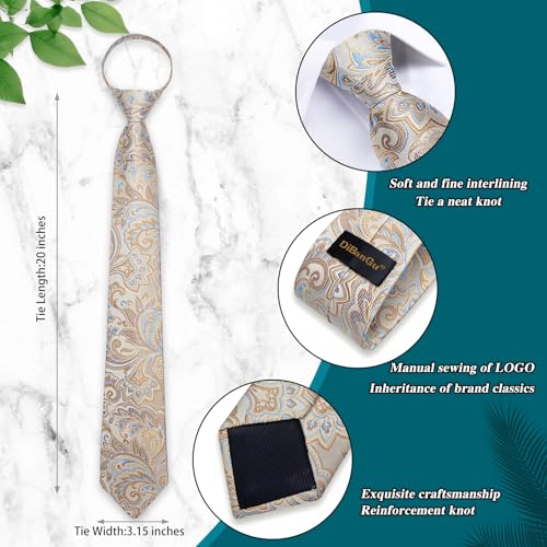 Image of DiBanGu Mens Zipper Tie Silk Pre-Tied Necktie with Gift Box | Jacquard Woven,Paisley Solid Plaid Pattern,6PCS with Pocket Square,Cufflinks and Lapel Pin,for Wedding Party Formal Business