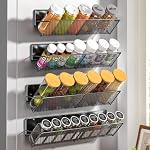 4 Pack Magnetic Spice Rack for Refrigerator, 45° Tilted Shelf Organizer with Anti-Slip Guardrail, No-Drill Metal Wall Mounted Magnetic Shelf for Kitchen, Oven, Laundry, Holds Spice Jars & Cans