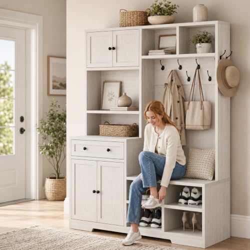 Einhomn-5-in-1-Hall-Tree-with-Bench-and-Shoe-Storage-51-W-Entryway-Organizer-Coat-Rack-with-9-Hooks-2-Storage-Cabinets-Drawer-Open-Cubbies-for-Mudroom-Hallway-Living-Room-Rustic-White