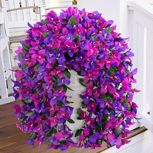 Image of Bassion 2 Pcs Artificial Hanging Bougainvillea for Outdoors, Mix Purple | UV resistant hanging flowers, realistic no fade faux plants, outside planters patio garden yard front door porch decoration