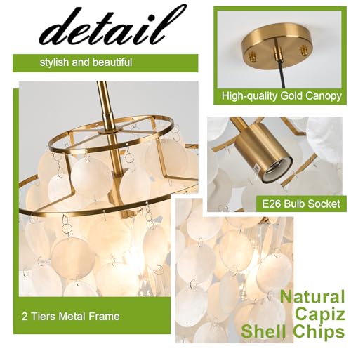 LAMKNVS White Shell Pendant Lights, Brushed Brass Coastal Seashell Chandelier Metal 2 Tiers Ceiling Hanging Light Fixture for Kitchen Island Dining Room Entryway Bedroom Foyer, E26 Socket - Image 5