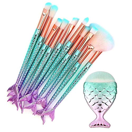 Mermaid Makeup Brushes Set Chubby Fish Foundation Brush with Box 11pcs Soft Nylon Bristles Beauty Make Up Kits Face Blush Concealer Eye Lip Cosmetic Tools - Green Gradient