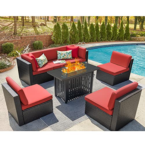 Devoko 7 Pieces Outdoor Patio Furniture Set Sectional Sofa Set With Propane Fire Pit Table And Cushions For Backyard, Bistro And Poolside (Red) #TOP22