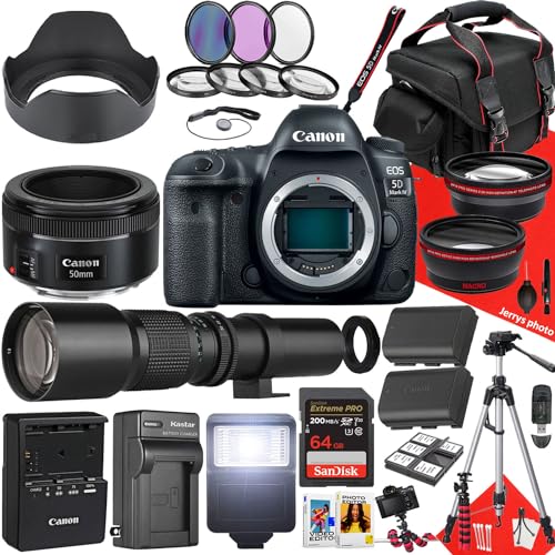 Canon EOS 5D Mark IV DSLR Camera with EF 50mm f/1.8 STM and 500mm f/8.0 Preset Telephoto Lens + 64 GB Memory + Filters + Tripod + More (38pc Bundle) (Renewed)