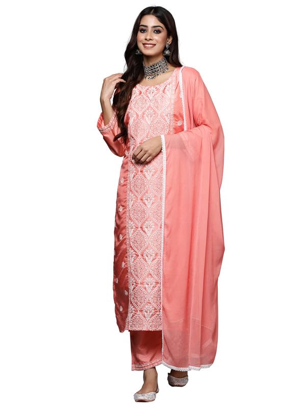 Indo Era Peach Embroidered Straight Kurta Trousers With Dupatta set