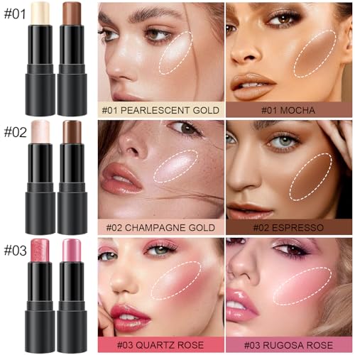 6 Colors Cream Contour Stick Makeup Kit, Shades with Highlighter Stick, Blush Stick and Bronzer Contour Stick for Sculpt the Cheeks, Long Lasting, Waterproof, Matte & Dewy Finish (SET A) - Thumbnail 2