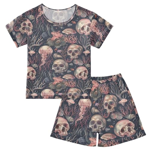 ALAZA Skulls and Jellyfish Pajama Set Short Sleeve Sleepwear Soft Lounge Nightwear