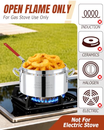 Image of 10QT Fish Fryer Pot with Basket, Lid & Tongs, Stainless Steel Frying Pot | Deep Fryer Pot with Thermometer, For Fish, Chicken Wings & French Fries, Open Flame Only